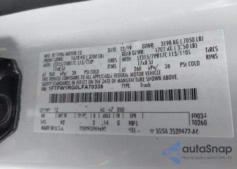 2020 Ford F-150 Raptor из США, поврежденный, VIN 1FTFW1RG0LFA70338